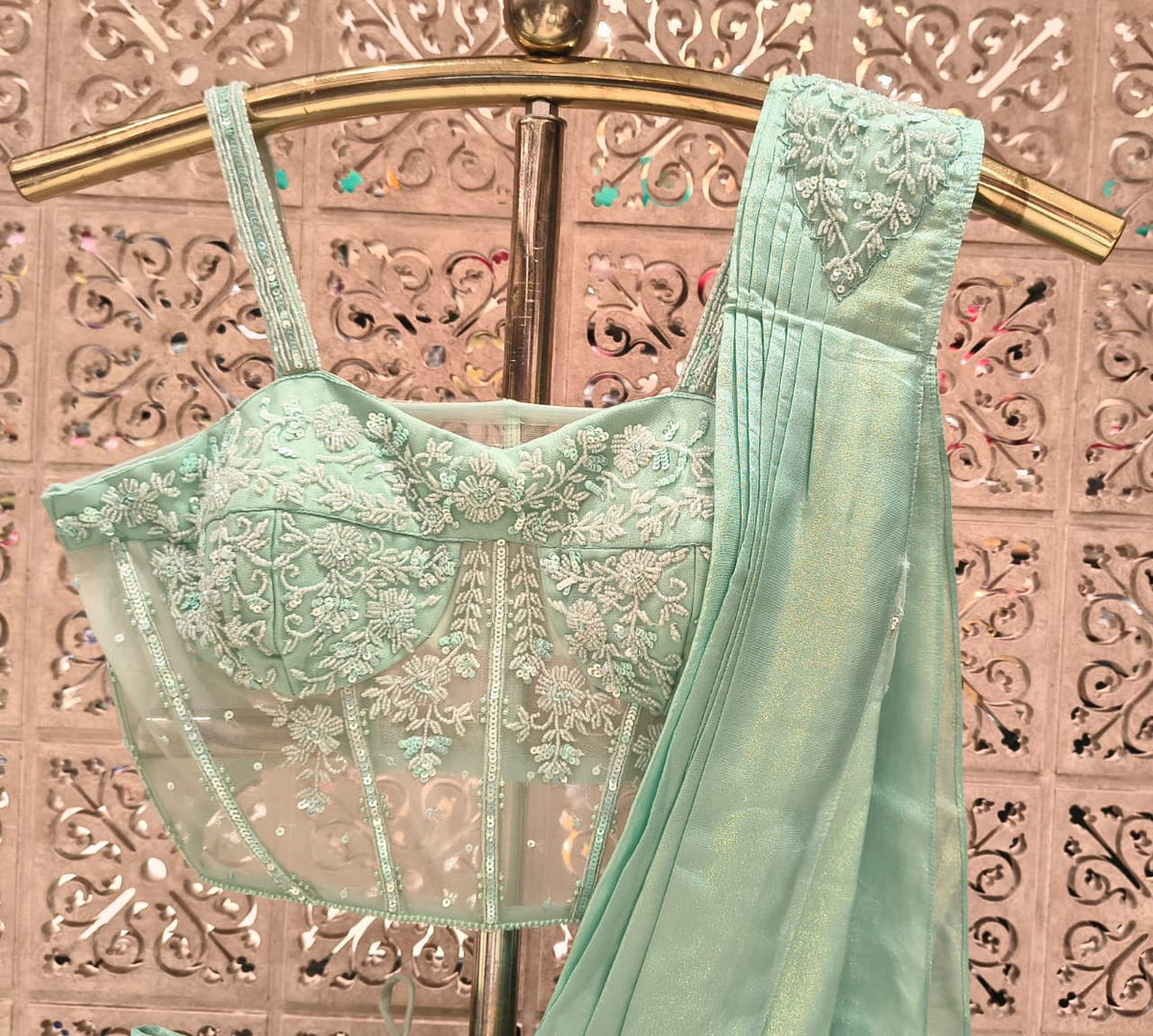 Mint Green Shimmer Draped Saree with Sheer Corset Bustier & Embellished Belt
