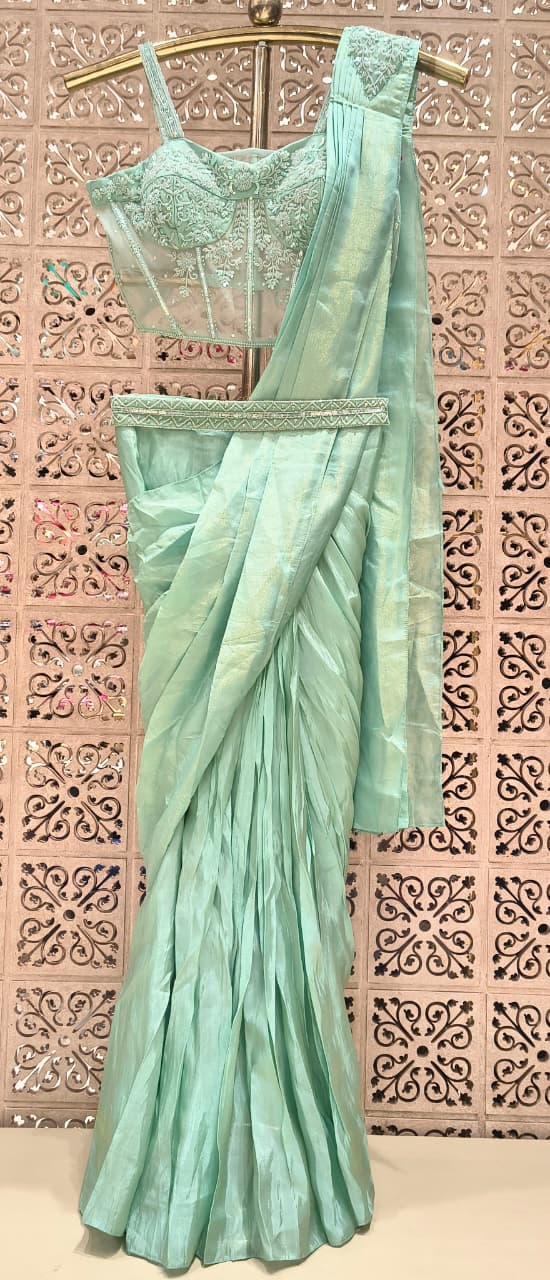 Mint Green Shimmer Draped Saree with Sheer Corset Bustier & Embellished Belt
