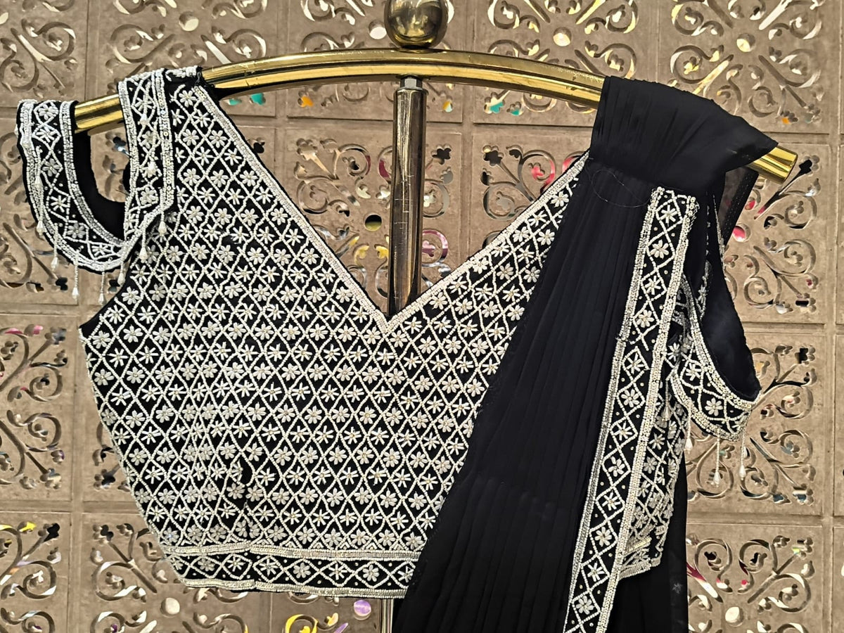 Noir Black Pleated Draped Saree with Geometric Cold-Shoulder Blouse & Embellished Belt
