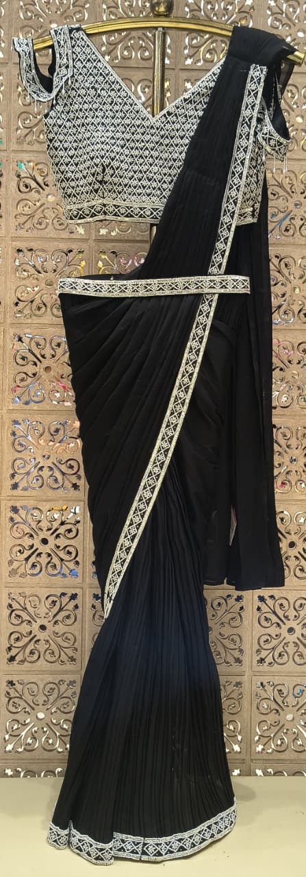 Noir Black Pleated Draped Saree with Geometric Cold-Shoulder Blouse & Embellished Belt