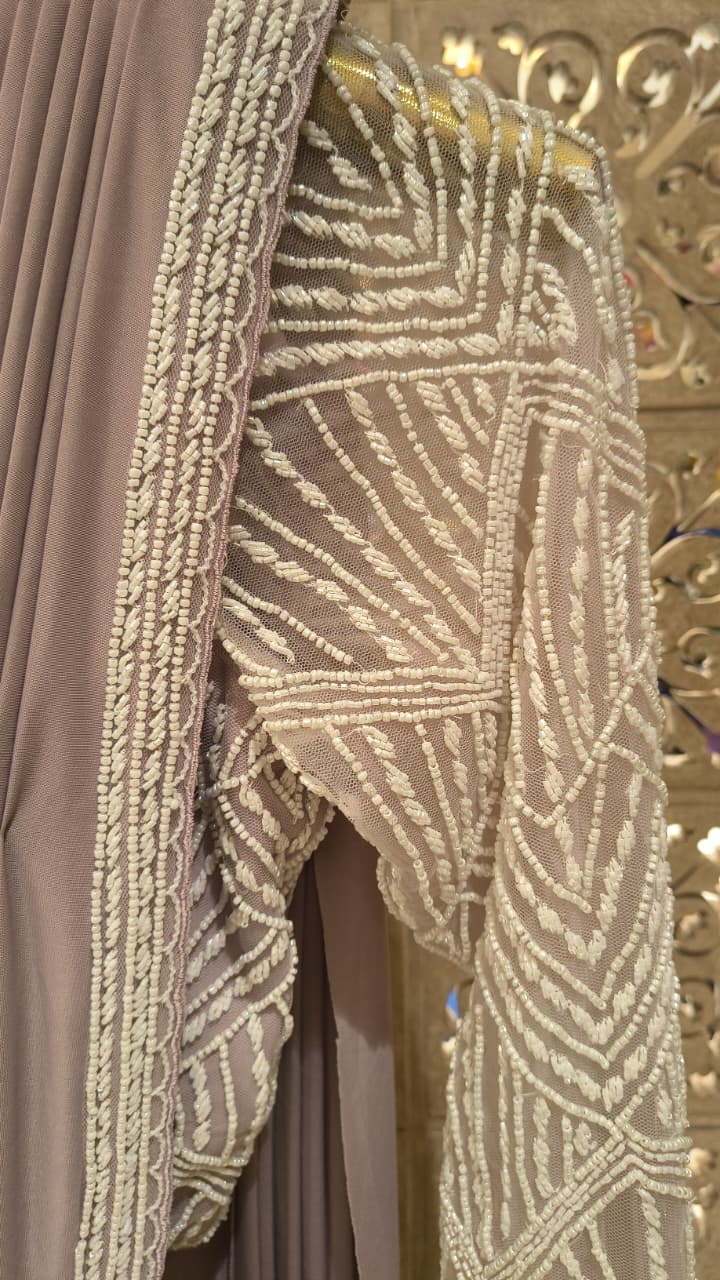 Mauve Taupe Draped Saree with Geometric Full-Sleeve Blouse & Embellished Belt