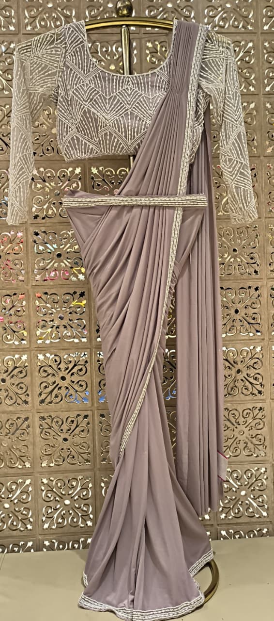 Mauve Taupe Draped Saree with Geometric Full-Sleeve Blouse & Embellished Belt
