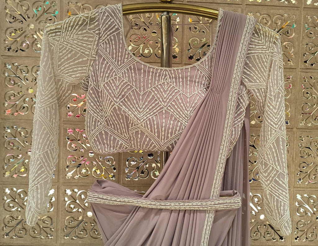 Mauve Taupe Draped Saree with Geometric Full-Sleeve Blouse & Embellished Belt