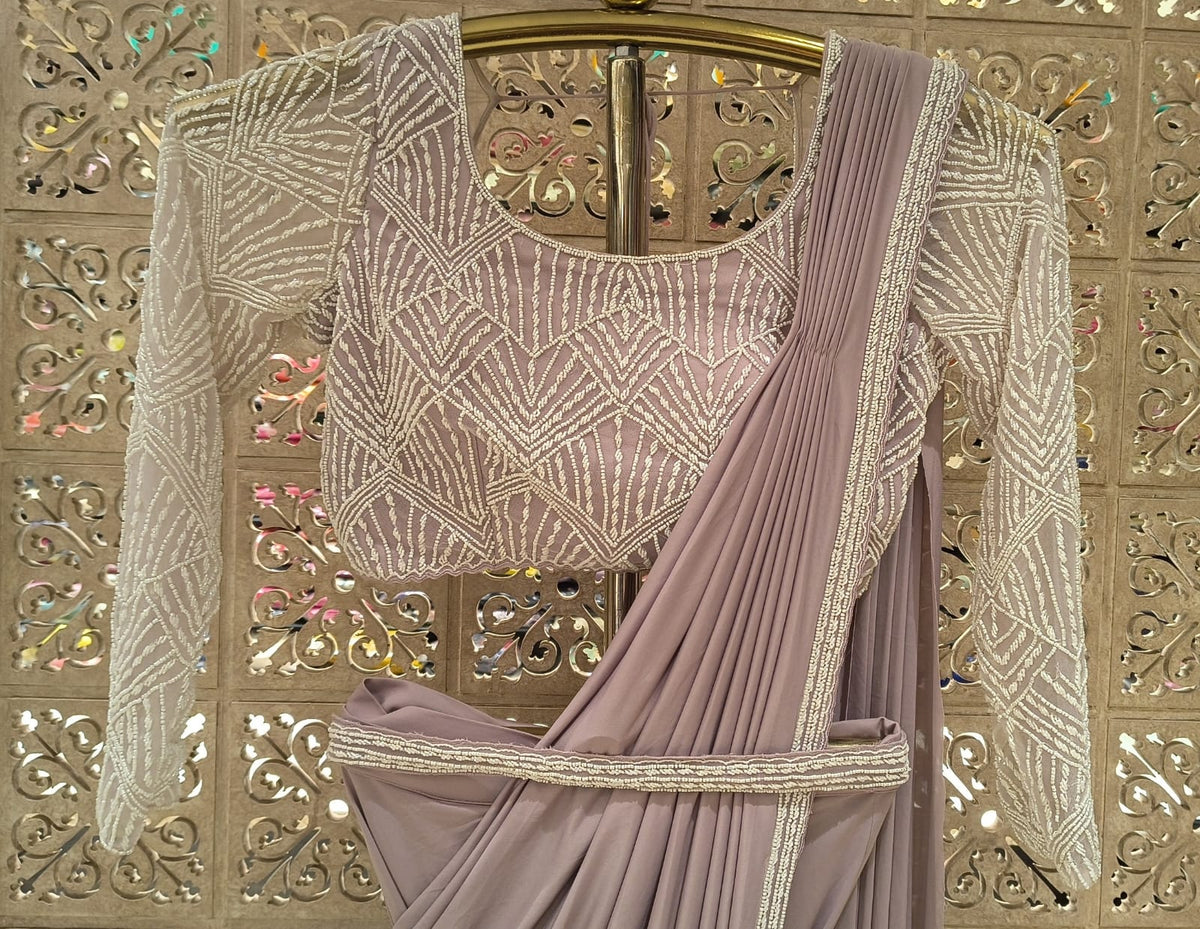 Mauve Taupe Draped Saree with Geometric Full-Sleeve Blouse & Embellished Belt