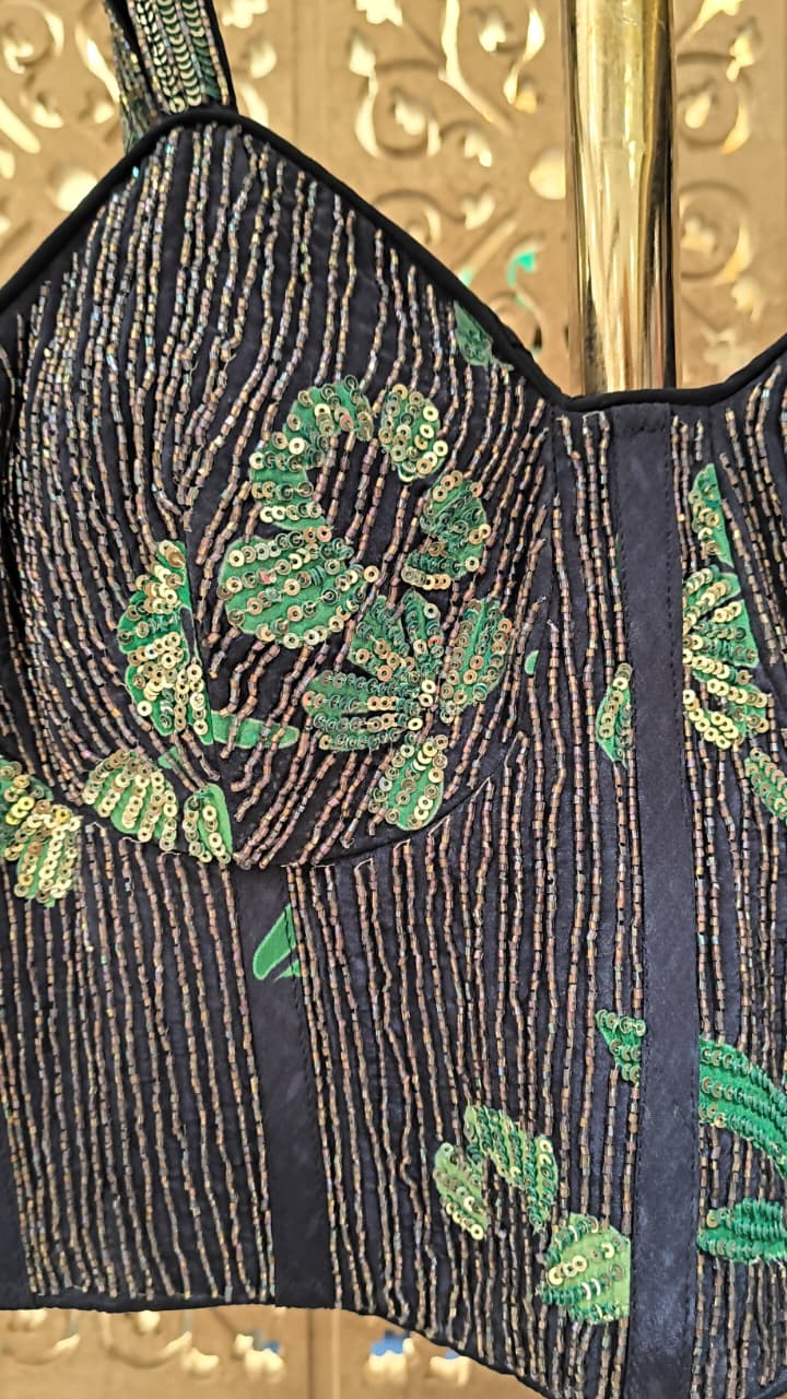 Midnight Navy Floral Draped Saree with Embellished Corset Blouse
