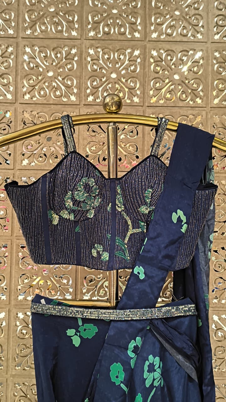 Midnight Navy Floral Draped Saree with Embellished Corset Blouse