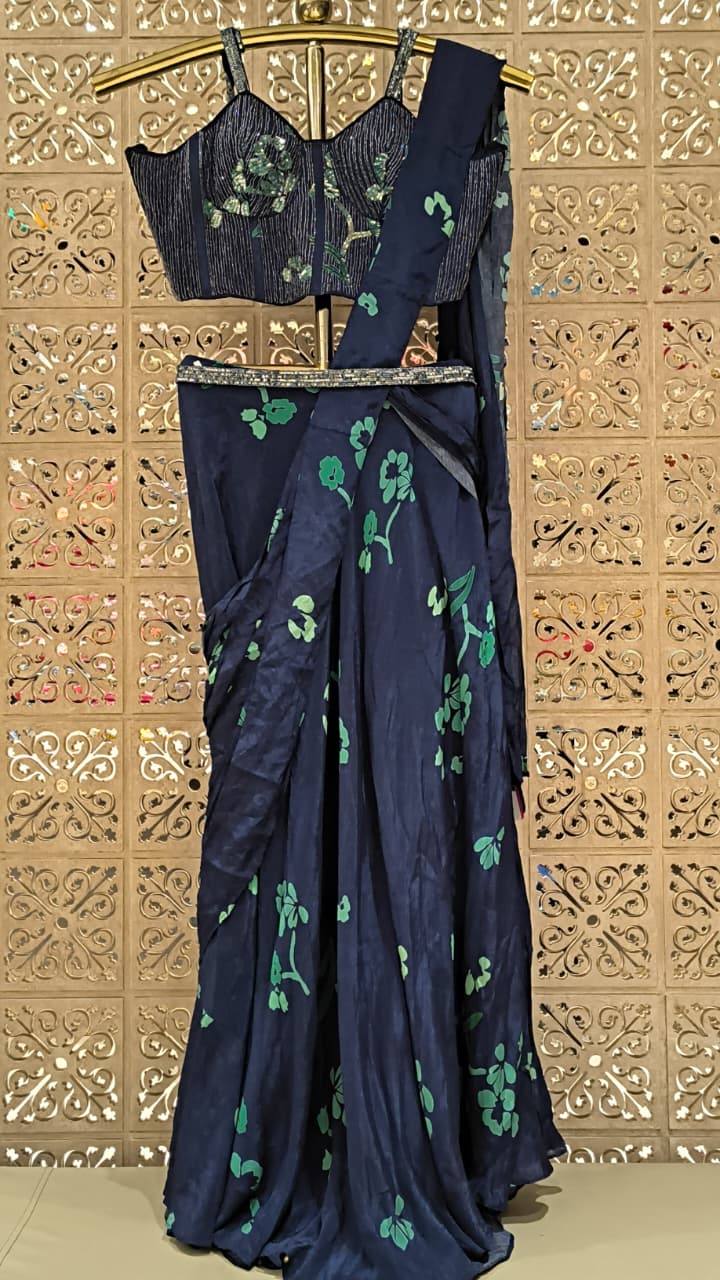 Midnight Navy Floral Draped Saree with Embellished Corset Blouse