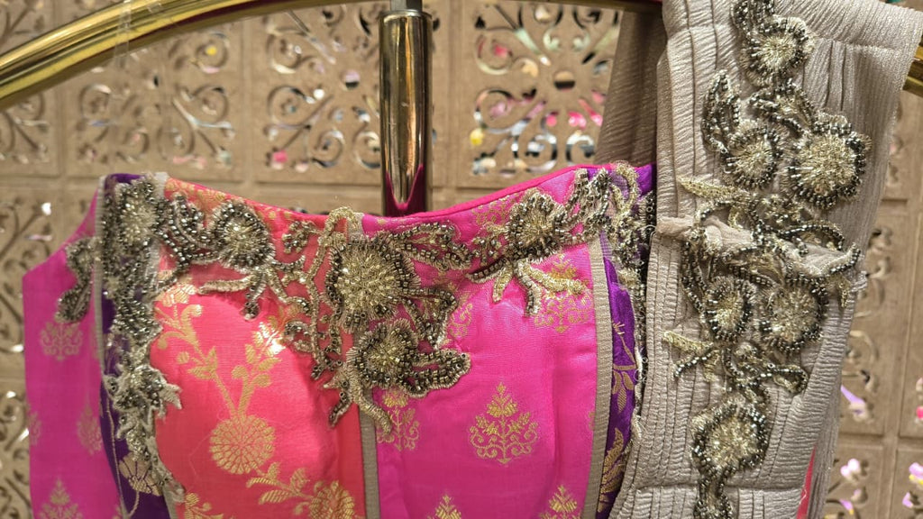 Silver-Grey Metallic Draped Saree with Fuchsia Brocade Corset Blouse