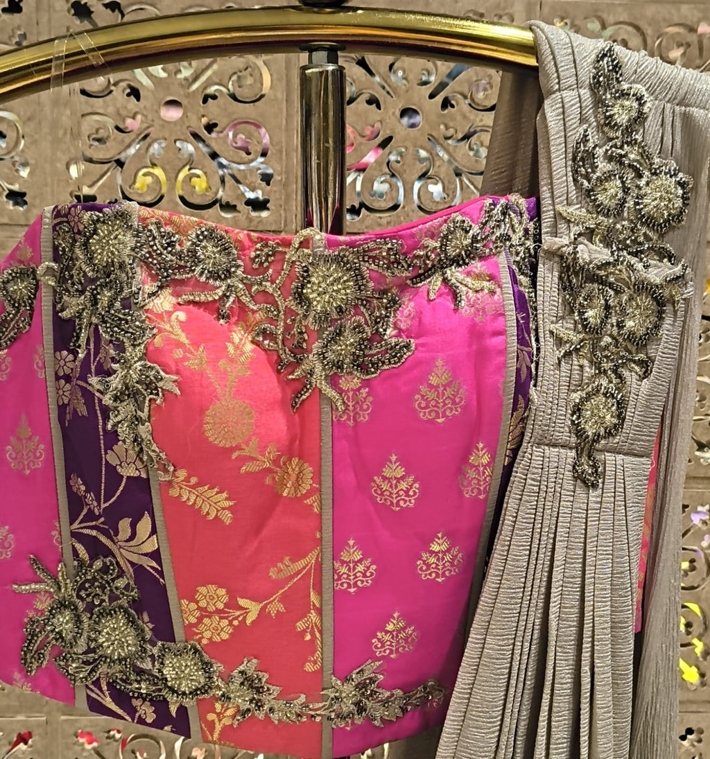 Silver-Grey Metallic Draped Saree with Fuchsia Brocade Corset Blouse