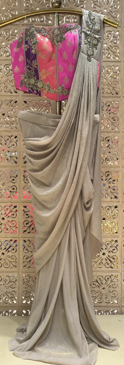 Silver-Grey Metallic Draped Saree with Fuchsia Brocade Corset Blouse