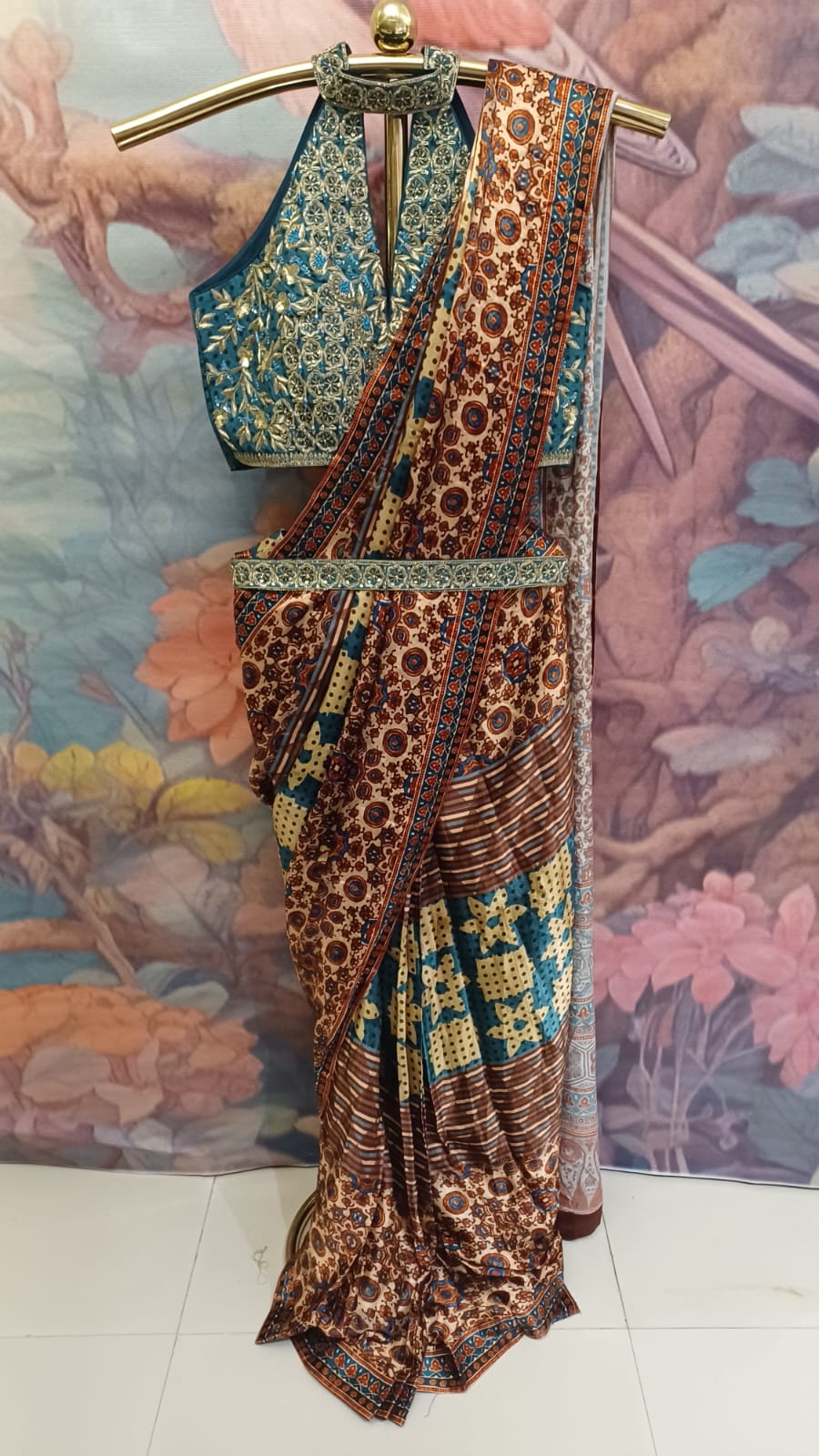 Indigo & Rust Ajrakh Print Fusion Saree Set with Halter Blouse and Belt