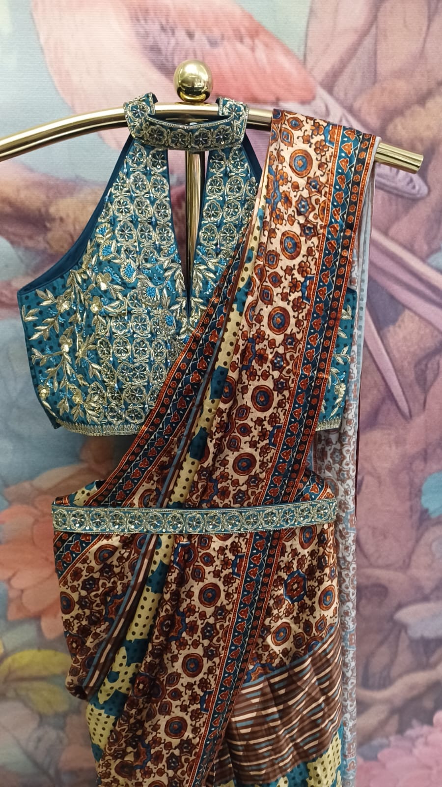 Indigo & Rust Ajrakh Print Fusion Saree Set with Halter Blouse and Belt