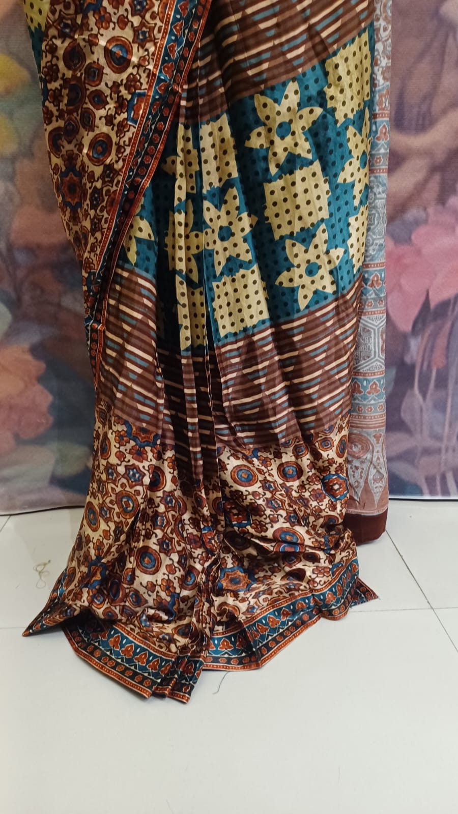 Indigo & Rust Ajrakh Print Fusion Saree Set with Halter Blouse and Belt