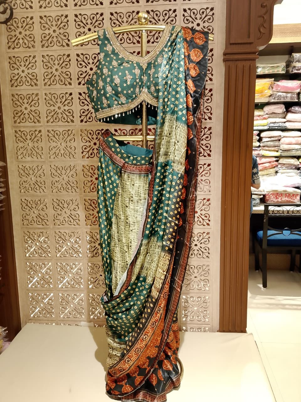 Bottle Green Bandhani Print Fusion Saree Set with Embroidered Blouse