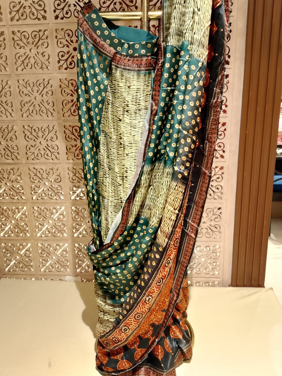Bottle Green Bandhani Print Fusion Saree Set with Embroidered Blouse