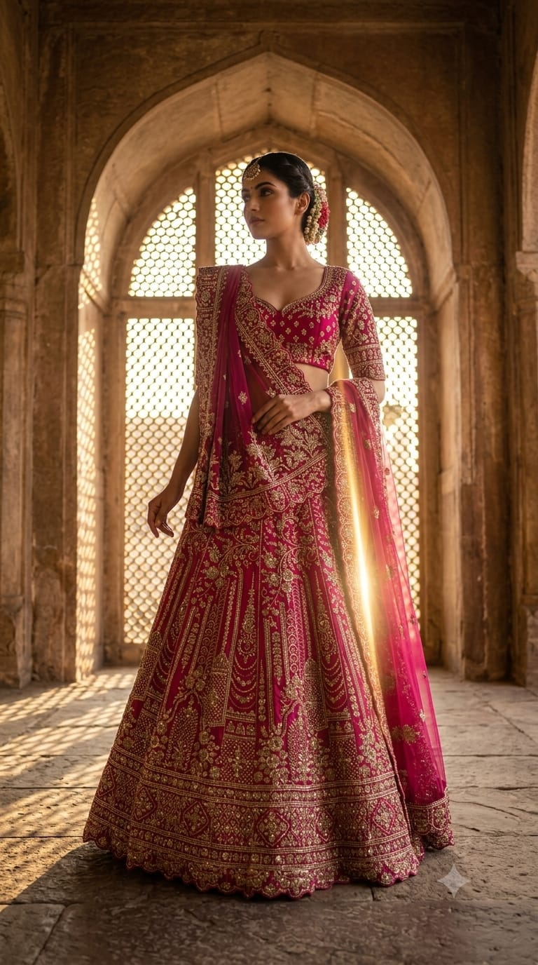 Rani Pink Heavily Embroidered Unstitched Lehenga Choli Set