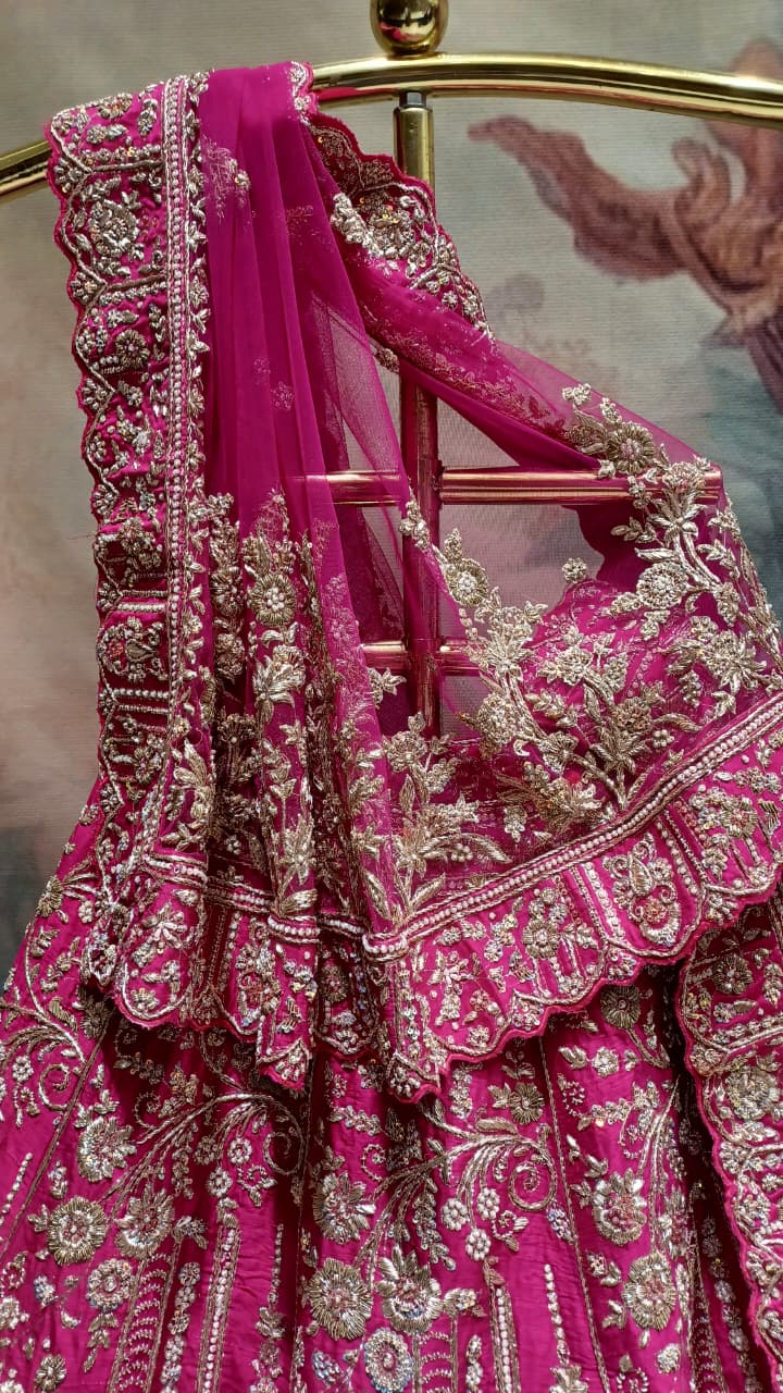 Rani Pink Heavily Embroidered Unstitched Lehenga Choli Set