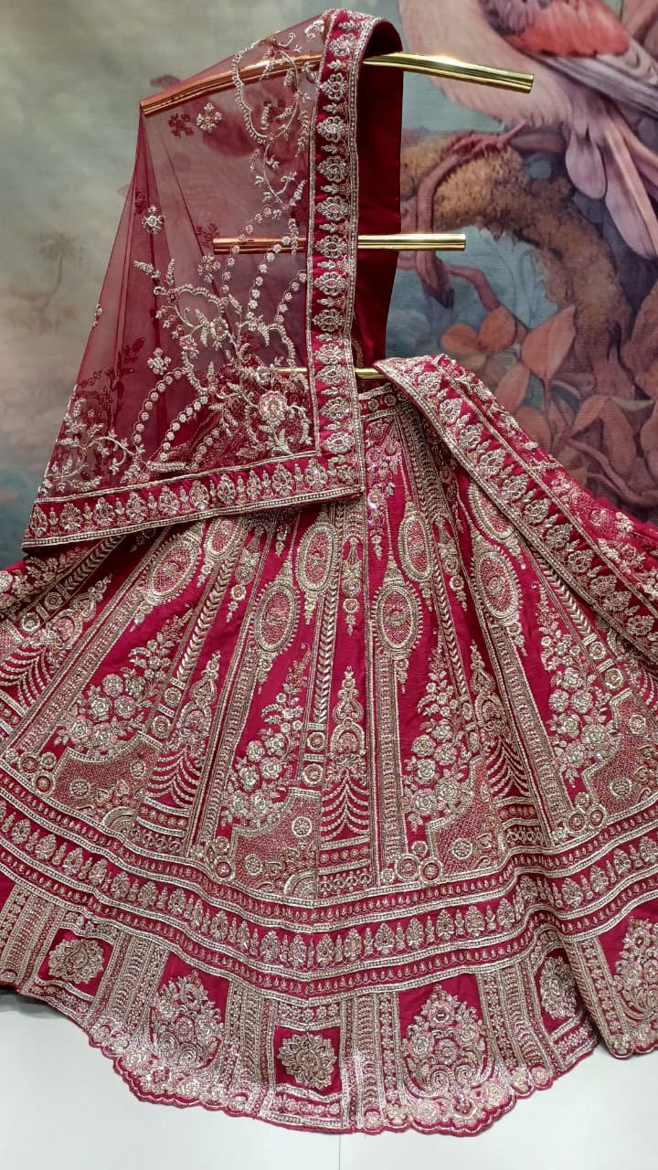 Deep Wine Heavily Embroidered Unstitched Bridal Lehenga Choli Set