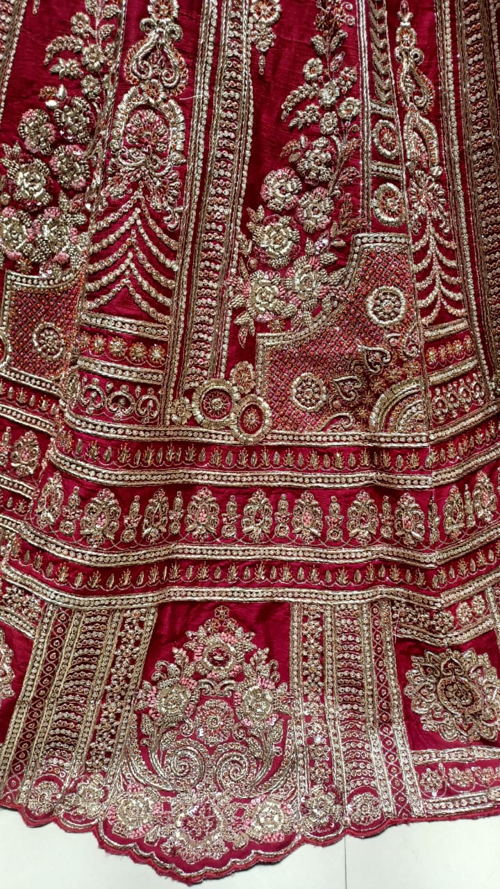 Deep Wine Heavily Embroidered Unstitched Bridal Lehenga Choli Set