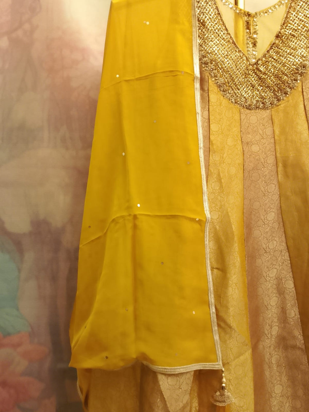 Mustard Yellow Paneled Silk Anarkali Suit with Sequin Neckline
