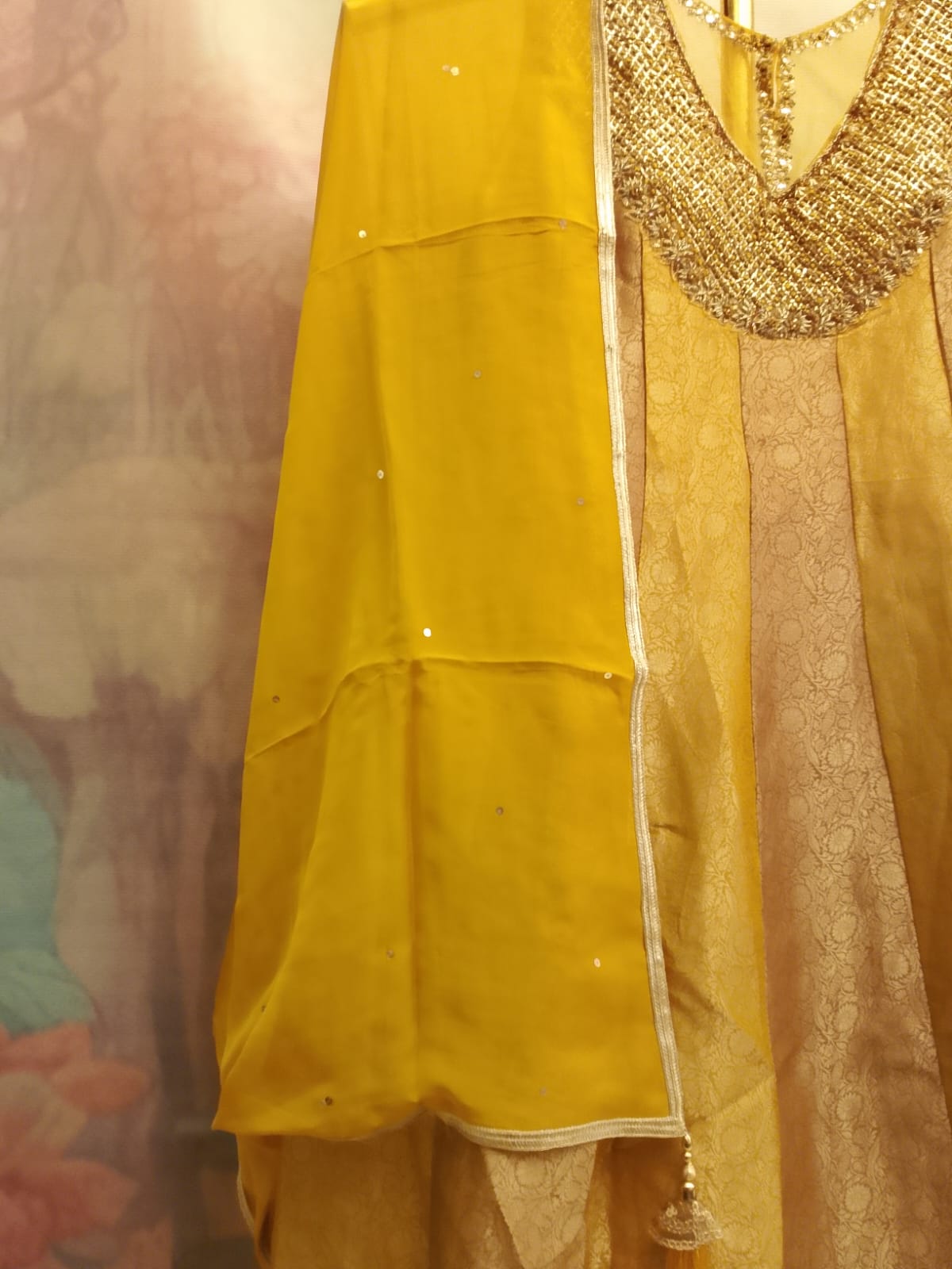 Mustard Yellow Paneled Silk Anarkali Suit with Sequin Neckline