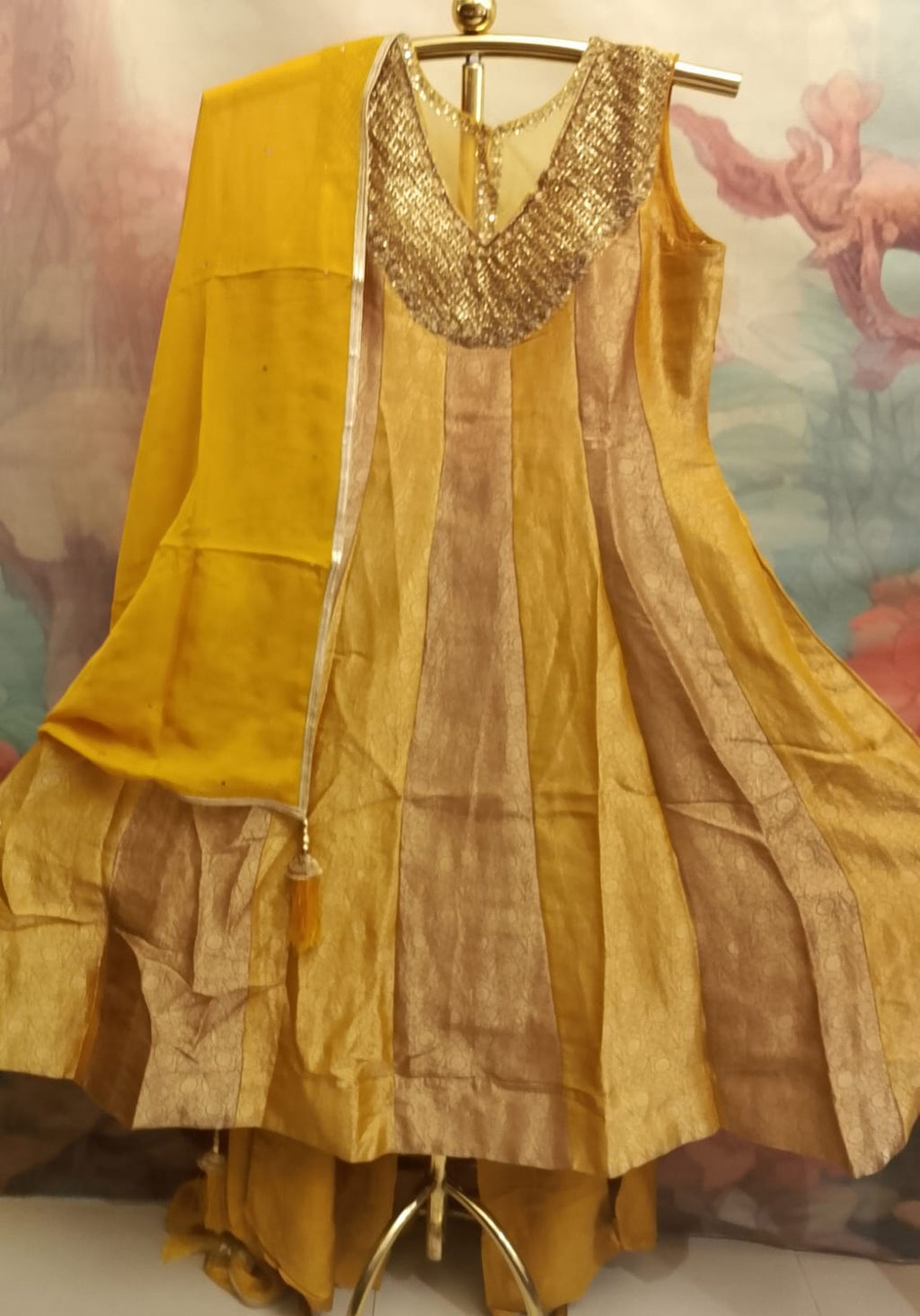 Mustard Yellow Paneled Silk Anarkali Suit with Sequin Neckline