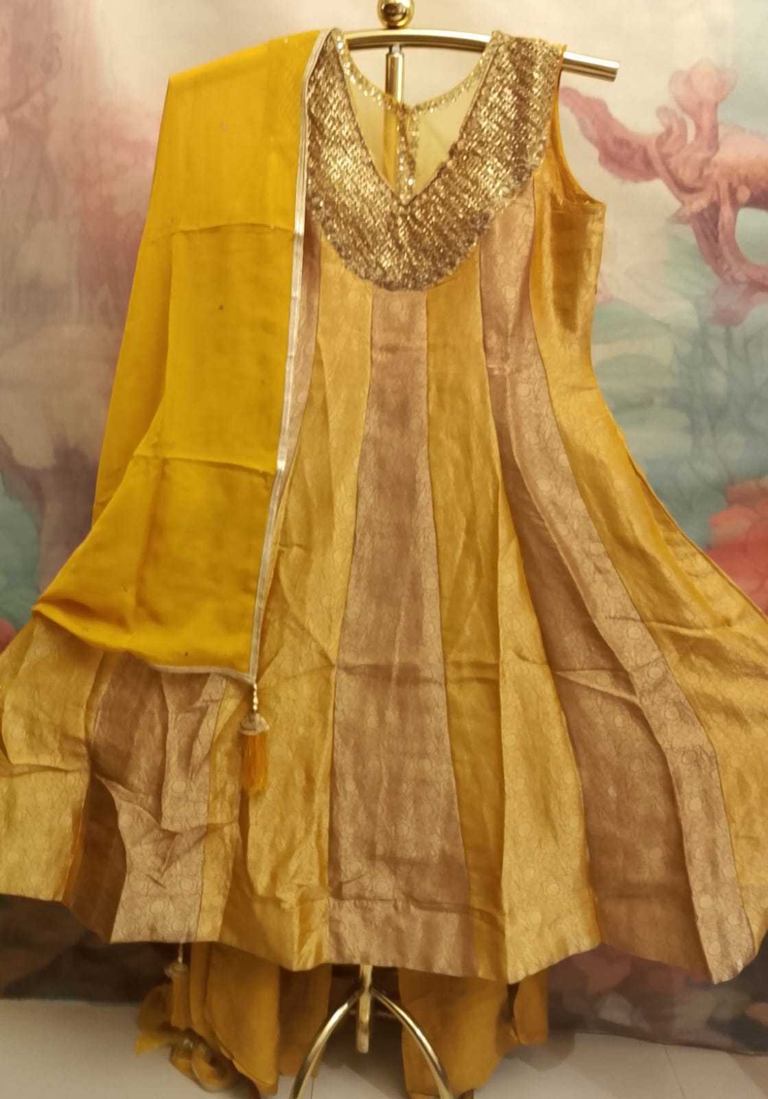 Mustard Yellow Paneled Silk Anarkali Suit with Sequin Neckline