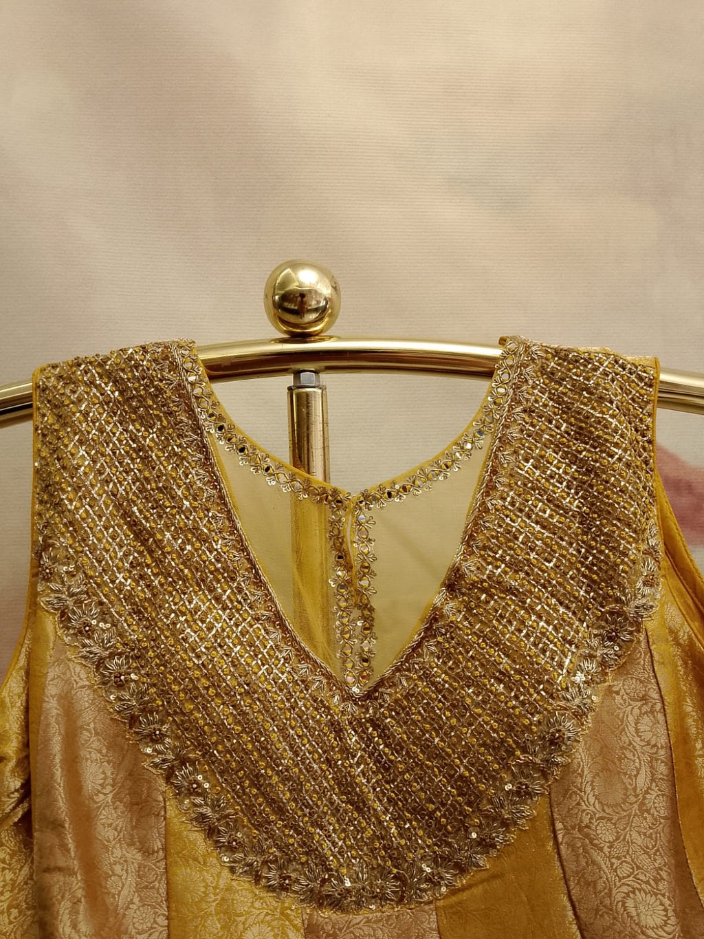 Mustard Yellow Paneled Silk Anarkali Suit with Sequin Neckline