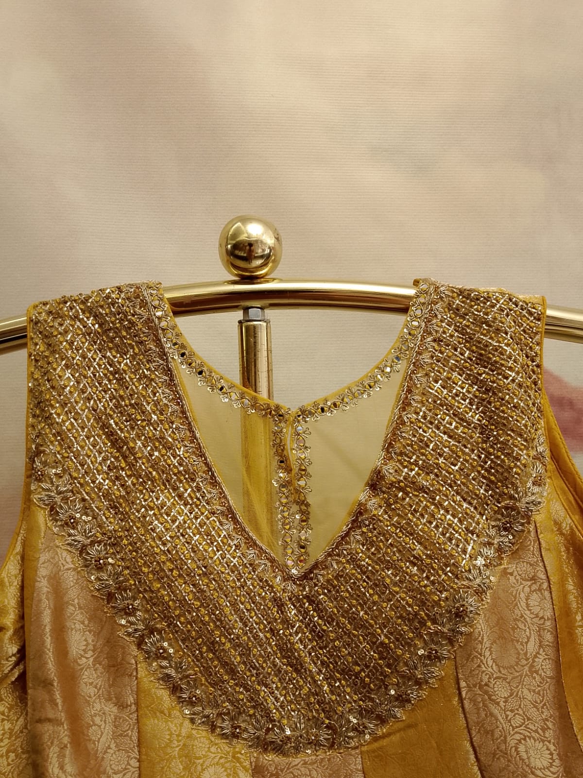 Mustard Yellow Paneled Silk Anarkali Suit with Sequin Neckline