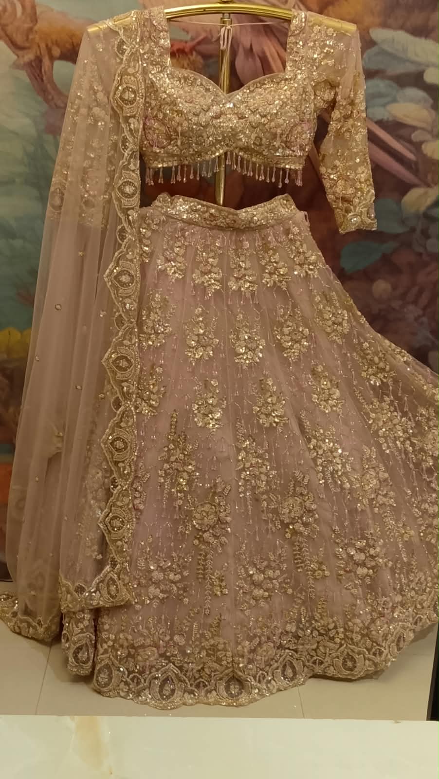 Rose Gold Heavily Embroidered Net Lehenga Choli Set