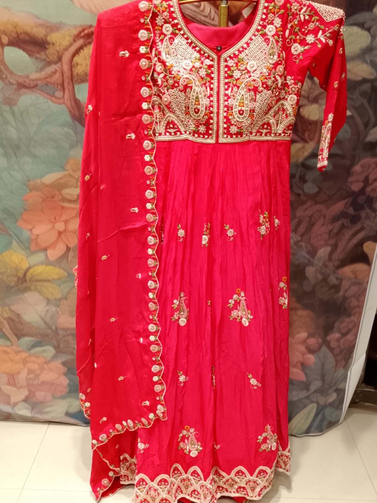 Crimson Floral Katori-Style Anarkali Gown Set