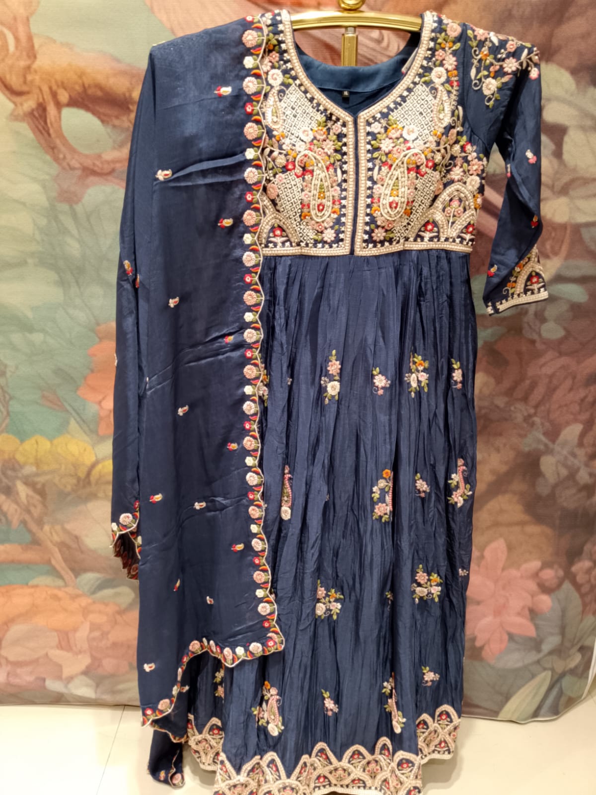 Royal Navy Floral Embroidered Anarkali Gown Set.