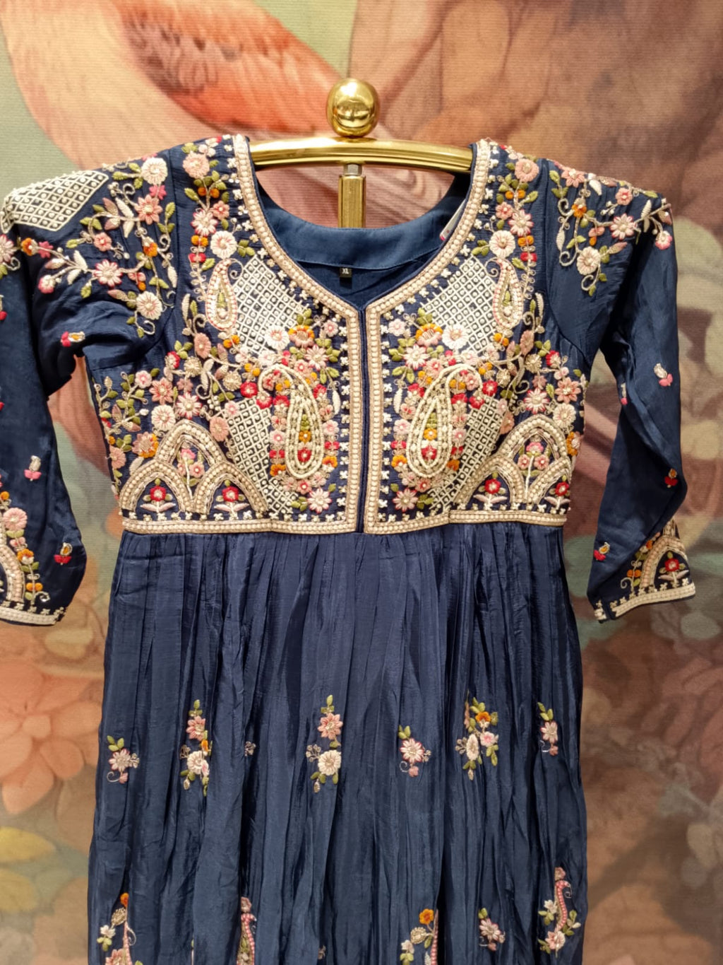 Royal Navy Floral Embroidered Anarkali Gown Set.