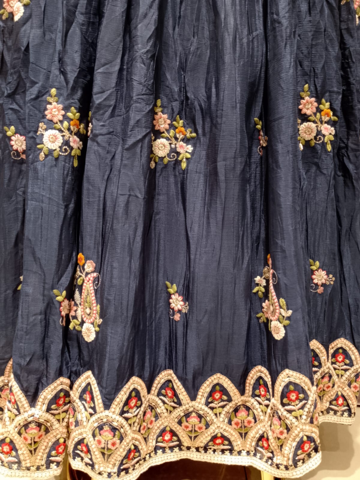 Royal Navy Floral Embroidered Anarkali Gown Set.