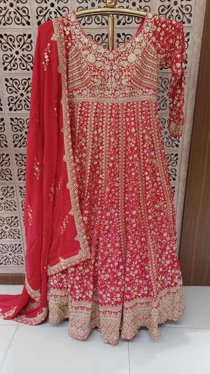Scarlet Red Heavily Embroidered Bridal Anarkali Gown Set