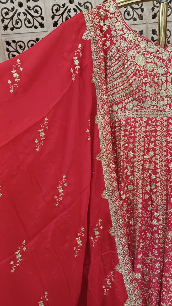 Scarlet Red Heavily Embroidered Bridal Anarkali Gown Set