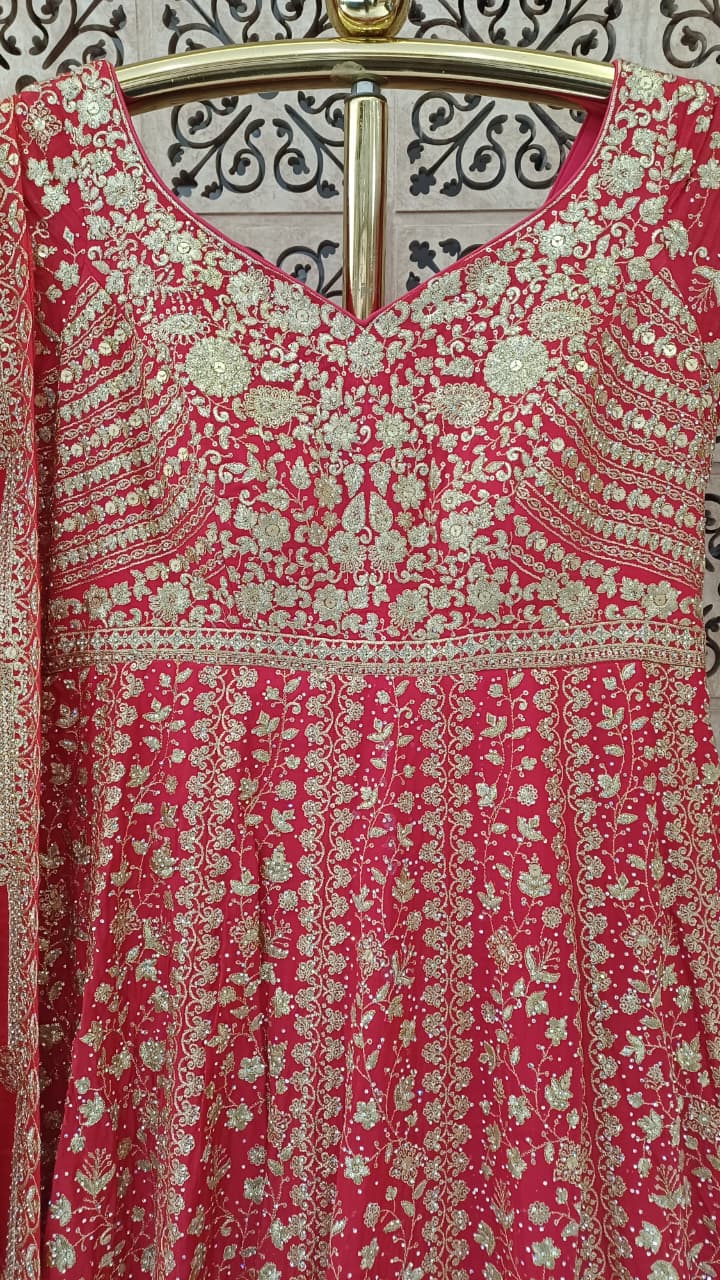 Scarlet Red Heavily Embroidered Bridal Anarkali Gown Set