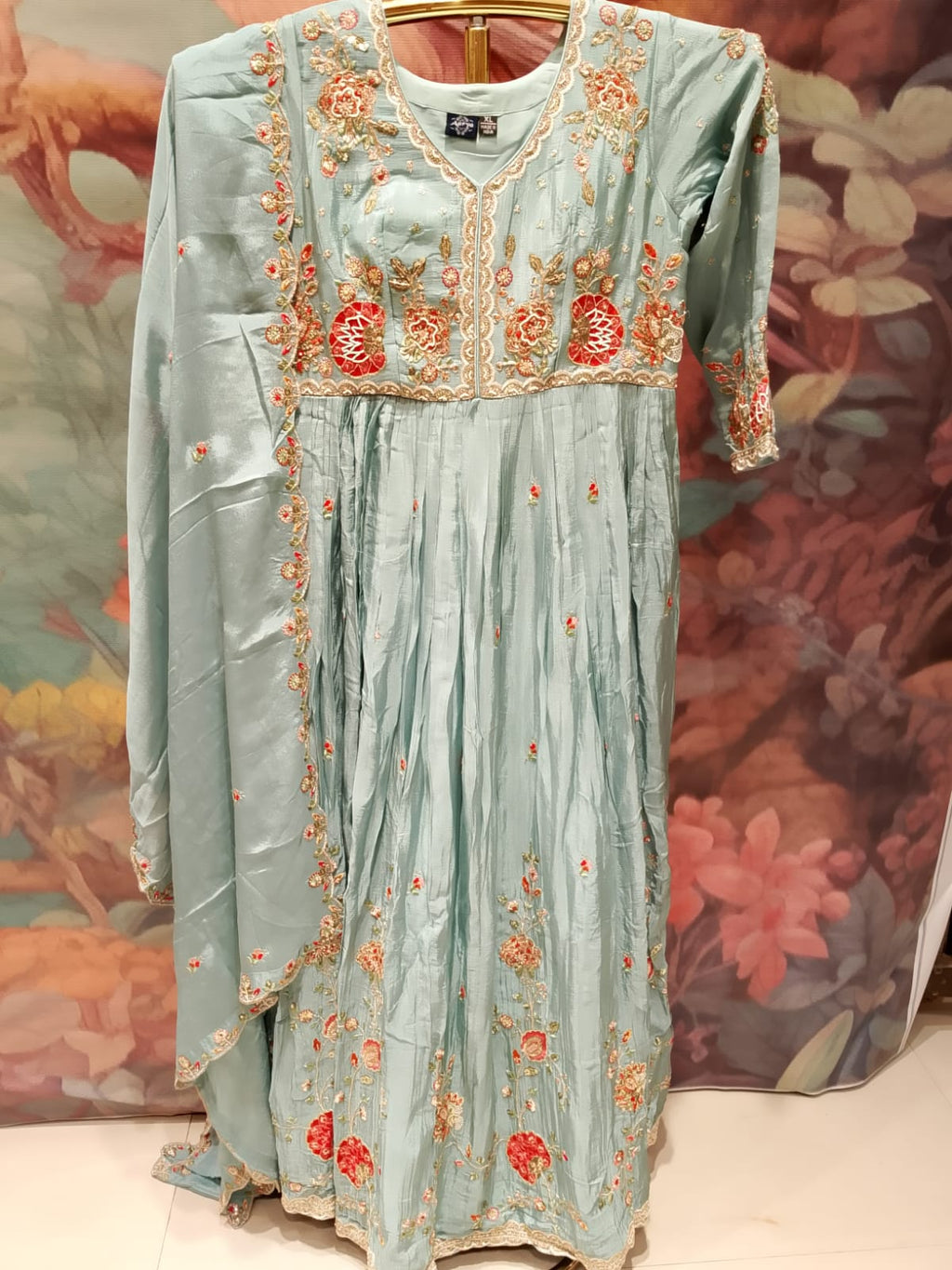 Mint Green Floral Katori-Style Anarkali Gown Set
