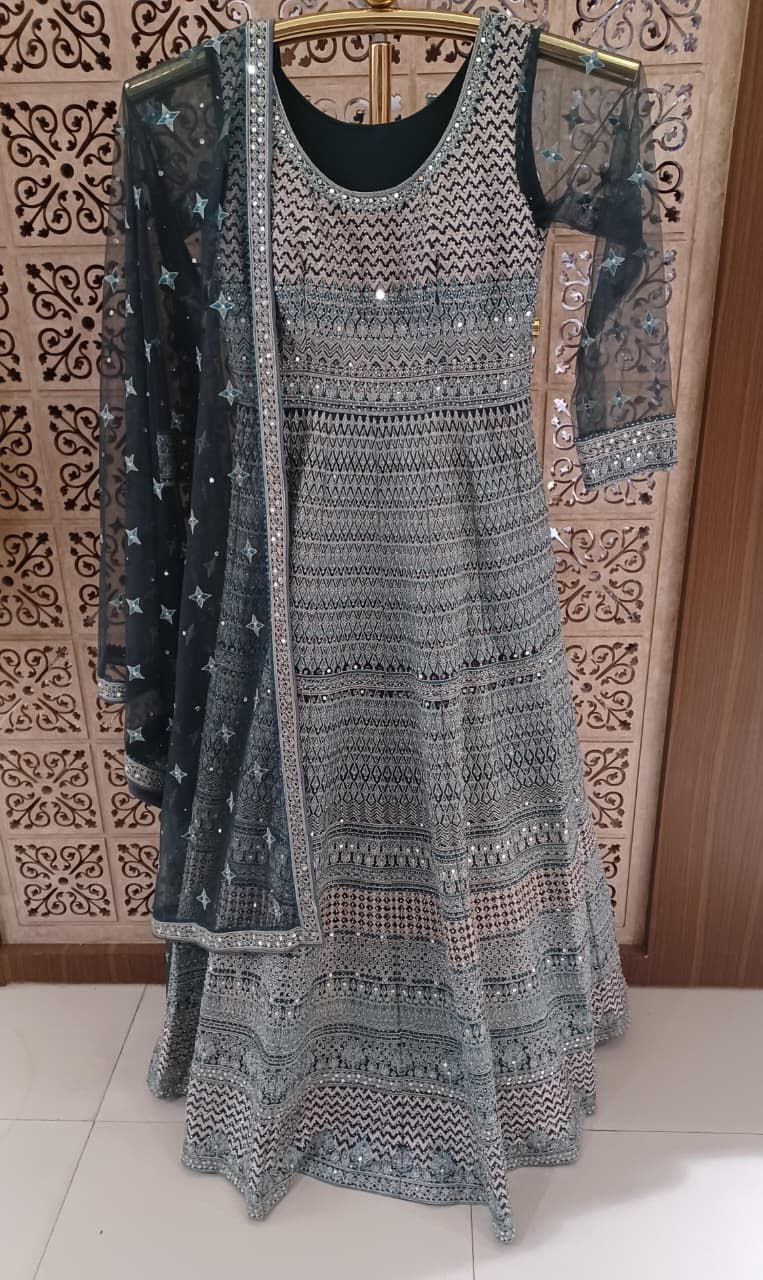 Charcoal Grey Geometric Chikankari Anarkali Gown Set