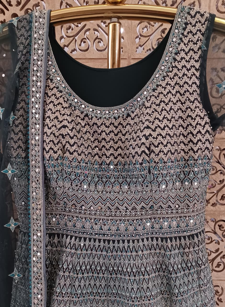 Charcoal Grey Geometric Chikankari Anarkali Gown Set