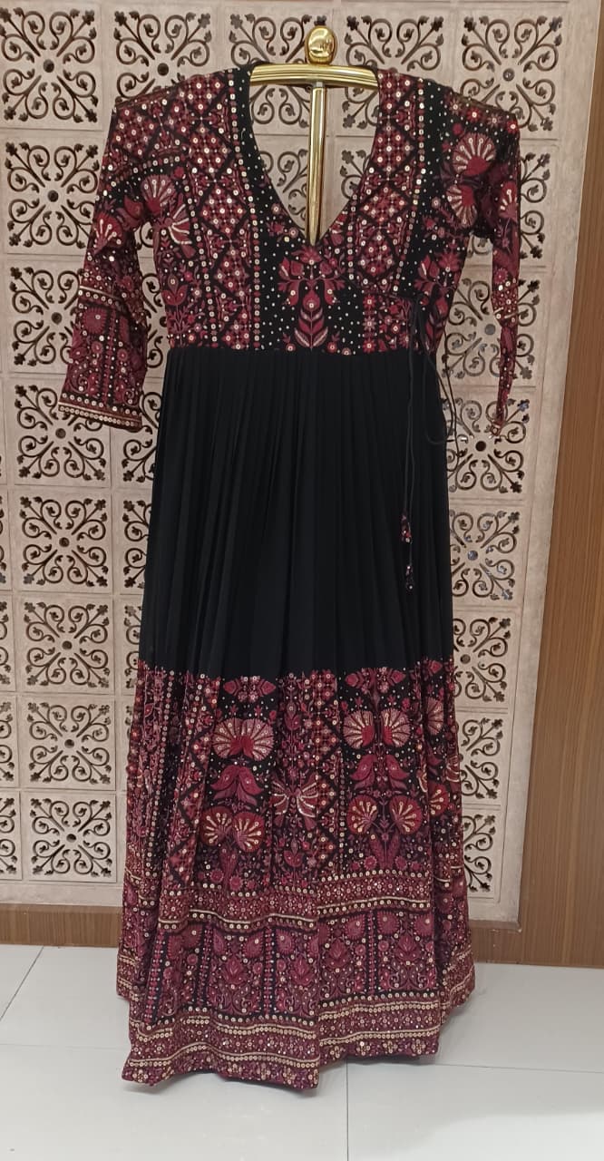Midnight Black & Maroon Ajrakh-Inspired Embroidered Anarkali Gown.