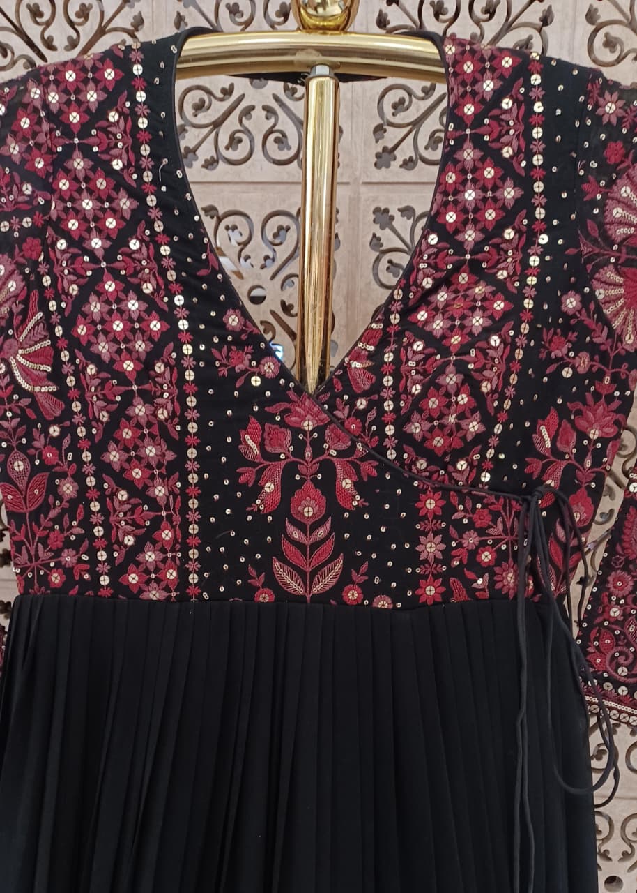 Midnight Black & Maroon Ajrakh-Inspired Embroidered Anarkali Gown.