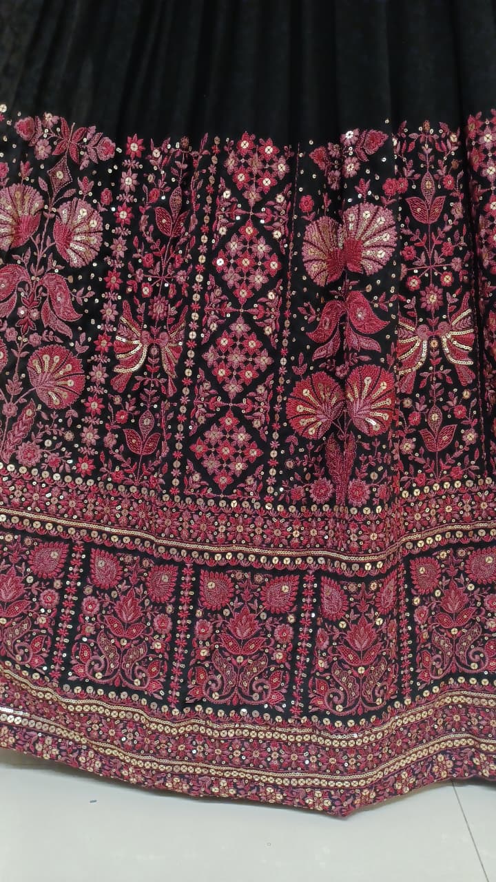 Midnight Black & Maroon Ajrakh-Inspired Embroidered Anarkali Gown.