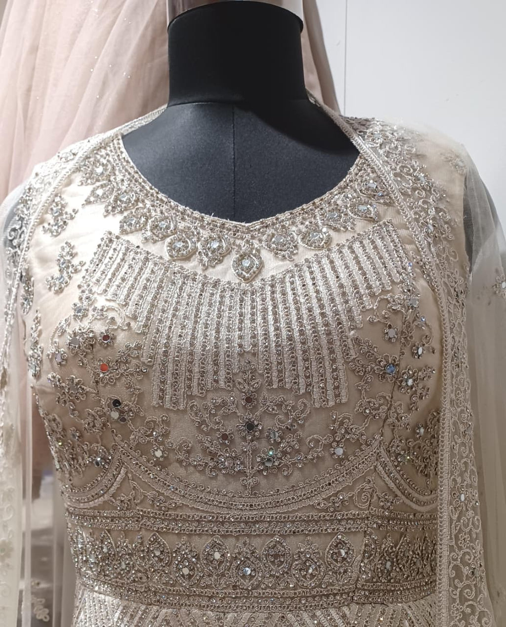 Ivory Champagne Heavily Embroidered Anarkali Gown with Dupatta