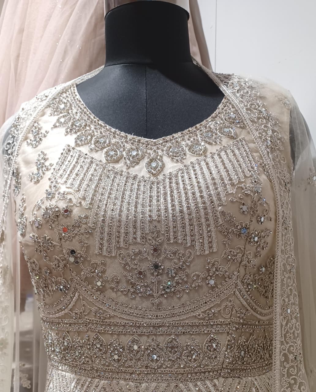 Ivory Champagne Heavily Embroidered Anarkali Gown with Dupatta