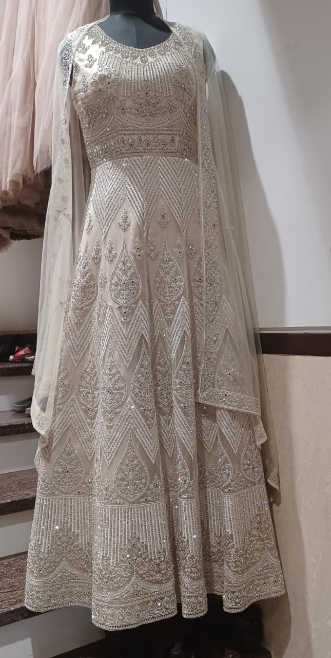 Ivory Champagne Heavily Embroidered Anarkali Gown with Dupatta