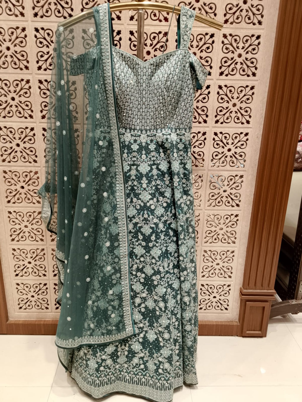 Sage Green Heavily Embellished Anarkali Gown with Dupatta