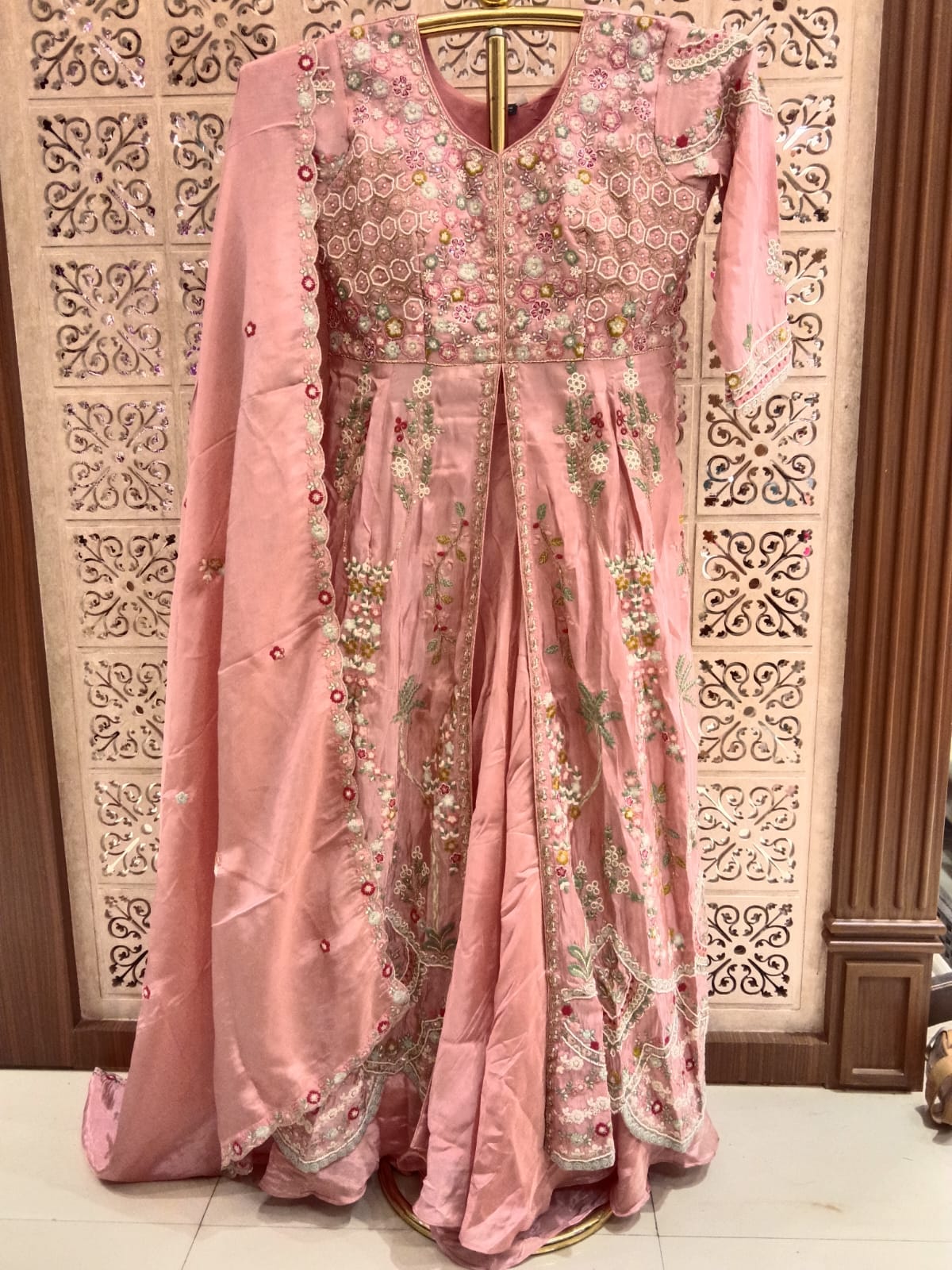 Pastel Pink Front-Slit Anarkali Gown with Lehenga Skirt Set