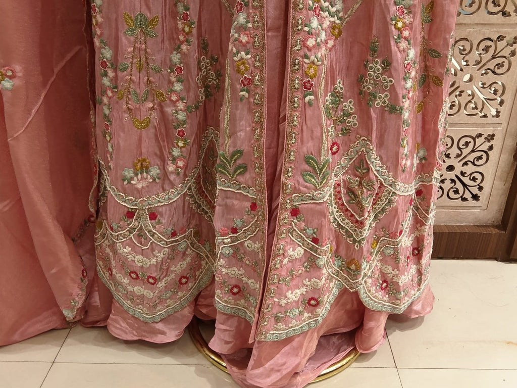Pastel Pink Front-Slit Anarkali Gown with Lehenga Skirt Set