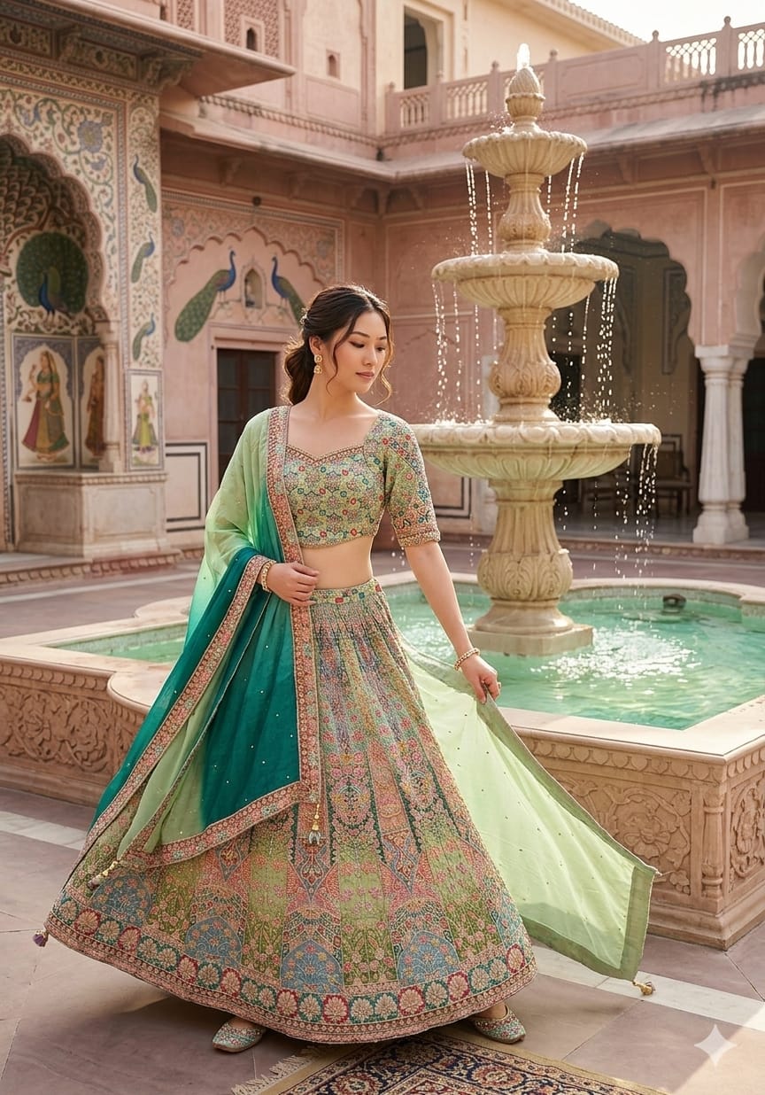 Multi-Color Pastel Embroidered Lehenga Choli Set.